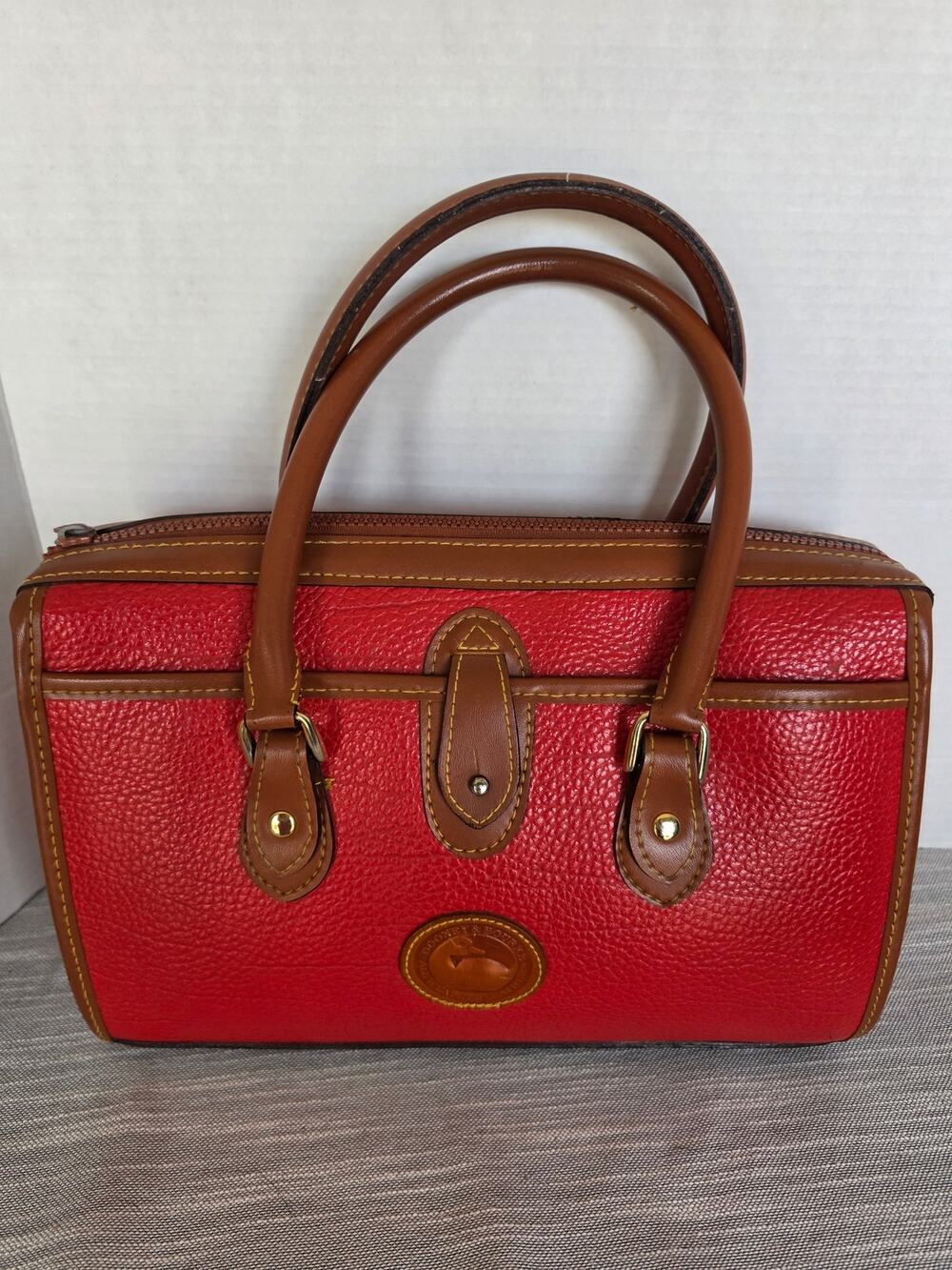 Vintage Dooney & Bourke All-Weather Red Pebbled Leather Satchel British Tan Trim